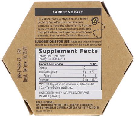 Zarbee's, 99% Honey Cough Soothers, Natural Lemon Flavor, 14 Pieces:أد,ية السعال, التهاب الحلق