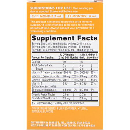 Zarbee's, Baby, Immune Support & Vitamins, Natural Orange Flavor, 2 fl oz (59 ml):المناعة, المكملات الغذائية