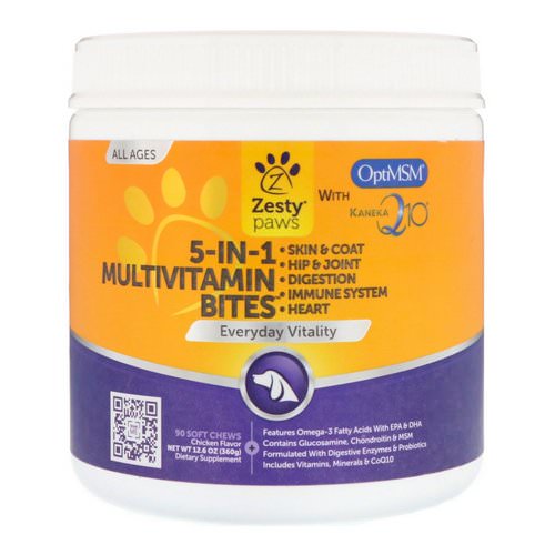 Zesty Paws, 5-In-1 Multivitamin Bites for Dogs, Everyday Vitality, All Ages, Chicken Flavor, 90 Soft Chews فوائد