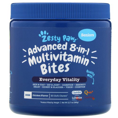 Zesty Paws, Advanced 8 in 1 Multivitamin Bites for Dogs, Everyday Vitality, Senior, Chicken Flavor, 90 Soft Chews فوائد