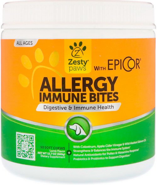 Zesty Paws, Allergy Immune Bites, Digestive & Immune Health, for Dogs, All Ages, Lamb Flavor, 90 Soft Chews فوائد