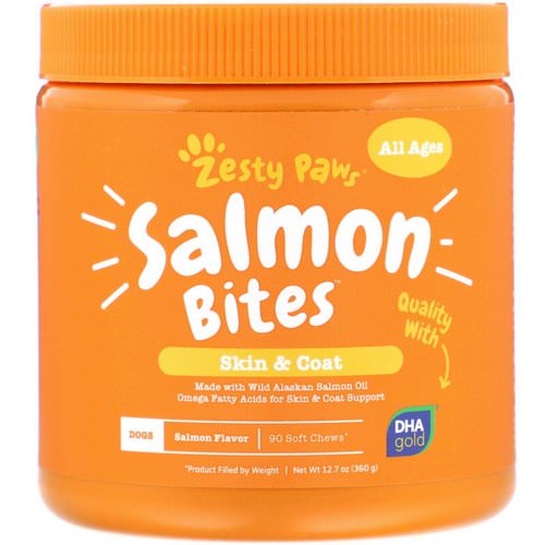Zesty Paws, Salmon Bites for Dogs, Skin & Coat, All Ages, Salmon Flavor, 90 Soft Chews فوائد