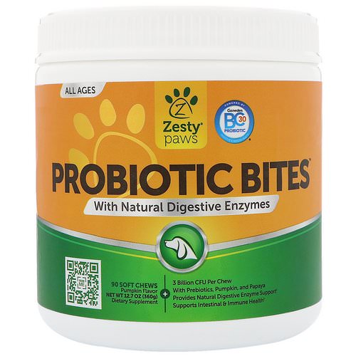 Zesty Paws, Probiotic Bites for Dogs, with Natural Digestive Enzymes, All Ages, Pumpkin Flavor, 90 Soft Chews فوائد