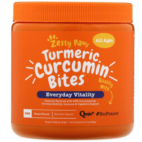 Zesty Paws, Turmeric Curcumin Bites for Dogs, Everyday Vitality, All Ages, Bacon Flavor, 90 Soft Chews فوائد