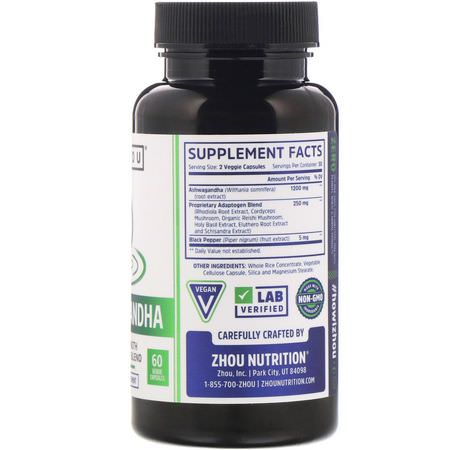 Zhou Nutrition, Ashwagandha, Max Strength, 1200 mg, 60 Veggie Capsules:Ashwagandha, Adaptogens