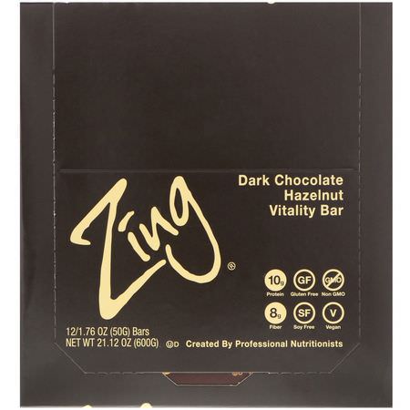 Zing Bars, Vitality Bar, Dark Chocolate Hazelnut, 12 Bars, 1.76 oz (50 g) Each:قضبان الطاقة, قضبان الرياضة