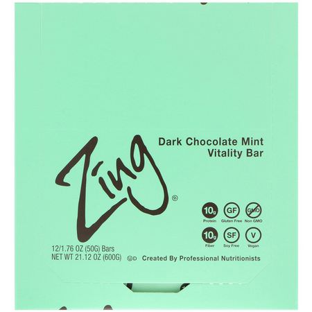 Zing Bars, Vitality Bar, Dark Chocolate Mint, 12 Bars, 1.76 oz (50 g) Each:قضبان الطاقة, قضبان الرياضة