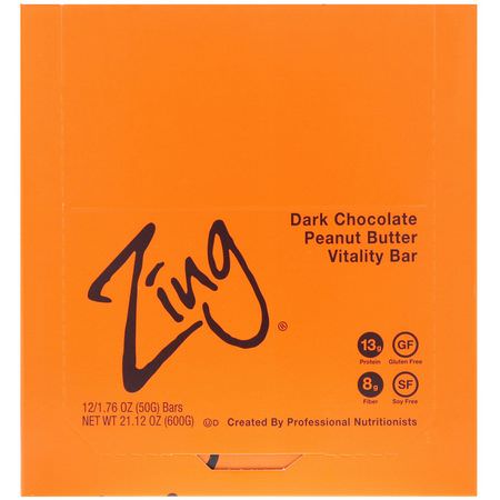 Zing Bars, Vitality Bar, Dark Chocolate Peanut Butter, 12 Bars, 1.76 oz (50 g) Each:قضبان الطاقة, قضبان الرياضة