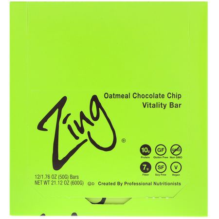 Zing Bars, Vitality Bar, Oatmeal Chocolate Chip, 12 Bars, 1.76 oz (50 g) Each:قضبان الطاقة, قضبان الرياضة